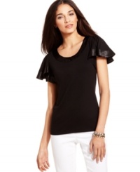 Flutter sleeves finished with silky satin trim give Alfani's scoopneck tee a flirty update. So versatile and effortlessly chic, you can pair it with anything in your closet for a polished and pretty look. Flutter sleeves finished with silky satin trim give Alfani's scoopneck tee a flirty update. So versatile and effortlessly chic, you can pair it with anything in your closet for a polished and pretty look.