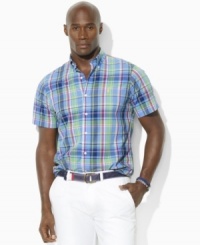 A handsome short-sleeved sport shirt is accented with Ralph Lauren's embroidered pony and tailored for a comfortable, classic fit in plaid cotton broadcloth. A handsome short-sleeved sport shirt is accented with Ralph Lauren's embroidered pony and tailored for a comfortable, classic fit in plaid cotton broadcloth.