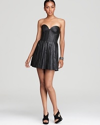 Party in haute style. This Parker dress is the season's fashion rage, flaunting all the musts: luxe leather, femme pleats and an alluring corset bodice for dramatic impact. Party in haute style. This Parker dress is the season's fashion rage, flaunting all the musts: luxe leather, femme pleats and an alluring corset bodice for dramatic impact.