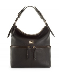 Two handy front pockets add zip to the distinctive Dillen II leather sac purse by Dooney & Bourke. Two handy front pockets add zip to the distinctive Dillen II leather sac purse by Dooney & Bourke.