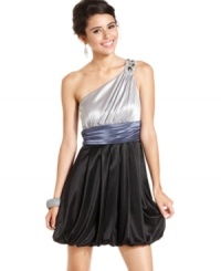 Speechless puts the fun in glam style with a one-shoulder party dress that boasts chic colorblock design and a playful bubble skirt! Speechless puts the fun in glam style with a one-shoulder party dress that boasts chic colorblock design and a playful bubble skirt!
