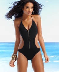 A sexy silhouette with a zipper accent gives this monokini swimsuit a fashion-forward look, by R Collection By Raisins. A sexy silhouette with a zipper accent gives this monokini swimsuit a fashion-forward look, by R Collection By Raisins.