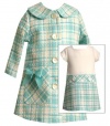 Size-2T, Aqua, BNJ-6621R, Aqua-Blue Ivory Bow Pocket Boucle Dress / Coat Set,Bonnie Jean Todders Special Occasion Party Dress