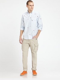 Slim-fitting silhouette, in rich, cotton, accented with classic cargo details and an array of pockets for added functionality.Adjustable tab waistHip, back flap pocketsSide cargo pocketsInseam, about 34CottonMachine washImported Slim-fitting silhouette, in rich, cotton, accented with classic cargo details and an array of pockets for added functionality.Adjustable tab waistHip, back flap pocketsSide cargo pocketsInseam, about 34CottonMachine washImported