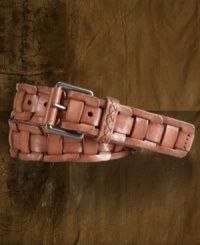 A supple leather strap is intricately woven through distressed leather links to create an edgy belt with a rugged textural element. A supple leather strap is intricately woven through distressed leather links to create an edgy belt with a rugged textural element.
