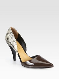 Timeless low-cut pump crafted of genuine snakeskin and leather, heightened by a soft suede heel. Suede-covered heel, 4 (100mm)Snakeskin and leather upperPoint toeGoatskin liningLeather solePadded insoleImported