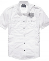 You won't need any style policing with this military-inspired woven shirt from American Rag. You won't need any style policing with this military-inspired woven shirt from American Rag.