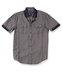 Get sporty in stripes. You'll be the style kingpin in this updated short-sleeve shirt from American Rag. Get sporty in stripes. You'll be the style kingpin in this updated short-sleeve shirt from American Rag.