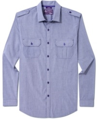 Military details like shoulder epaulets blend with a fine herringbone weave for a slim-fit American Rag shirt that's a mix of tough and modern.