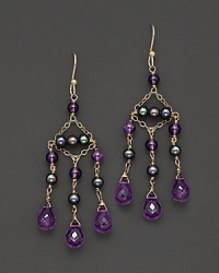 Tonal beads and 14 Kt. yellow gold set of the brilliantly-faceted amethysts in this gorgeous chandelier earring.