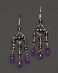 Tonal beads and 14 Kt. yellow gold set of the brilliantly-faceted amethysts in this gorgeous chandelier earring. Tonal beads and 14 Kt. yellow gold set of the brilliantly-faceted amethysts in this gorgeous chandelier earring.