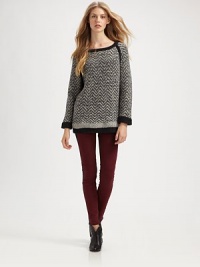 Outlined by contrast trim, this structured wool-rich sweater has a boatneck and textured chevron pattern. Ribbed boatneckDolman bracelet sleevesRibbed cuffs and hemCotton liningLonger length hits below the hips84% wool/16% nylonDry cleanImported of Italian fabricModel shown is 5'9 (176cm) wearing US size Small. Outlined by contrast trim, this structured wool-rich sweater has a boatneck and textured chevron pattern. Ribbed boatneckDolman bracelet sleevesRibbed cuffs and hemCotton liningLonger length hits below the hips84% wool/16% nylonDry cleanImported of Italian fabricModel shown is 5'9 (176cm) wearing US size Small.