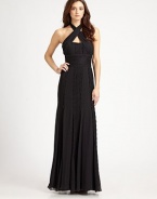Bands of romantic lace and an alluring halter neckline define this flowing silk chiffon silhouette.Criss-cross halter necklineBanded waistLace trimConcealed back zipFully linedAbout 42 from natural waistSilkDry cleanImportedModel shown is 5'11 (180cm) wearing US size 4. 