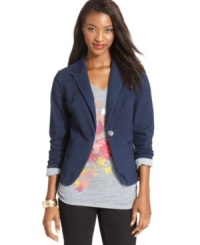 Style&co. Jeans' single-button blazer offers both a sleek silhouette and casual appeal with its denim look. Style&co. Jeans' single-button blazer offers both a sleek silhouette and casual appeal with its denim look.