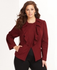 INC's plus size topper is the right choice for transitioning between seasons. Ruffles and an asymmetrical closure give it a unique look. (Clearance) INC's plus size topper is the right choice for transitioning between seasons. Ruffles and an asymmetrical closure give it a unique look. (Clearance)