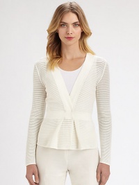 An open-weave knit and a crisply pleated peplum shape this soft, modern design.V necklineConcealed button closureLong sleevesPleated peplumViscose/polyester/polyamideDry cleanMade in Italy of imported fabricModel shown is 5'11 (180cm) wearing US size 2.Please note: tank not included. An open-weave knit and a crisply pleated peplum shape this soft, modern design.V necklineConcealed button closureLong sleevesPleated peplumViscose/polyester/polyamideDry cleanMade in Italy of imported fabricModel shown is 5'11 (180cm) wearing US size 2.Please note: tank not included.