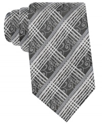 Dual patterns add double the interest to your day with this silk tie from Alfani. Dual patterns add double the interest to your day with this silk tie from Alfani.