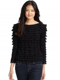 THE LOOKAllover ruffles in sheer, light knitBallerina necklineLong sleevesPullover stylingTHE FITAbout 21½ from shoulder to hemTHE MATERIAL79% wool/21% nylonFully linedCARE & ORIGINDry cleanMade in Italy THE LOOKAllover ruffles in sheer, light knitBallerina necklineLong sleevesPullover stylingTHE FITAbout 21½ from shoulder to hemTHE MATERIAL79% wool/21% nylonFully linedCARE & ORIGINDry cleanMade in Italy