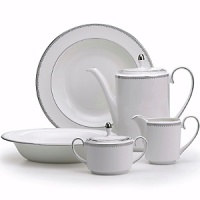 A beautiful collection for formal dining in white fine bone china with delicate platinum-hued rim accents. A beautiful collection for formal dining in white fine bone china with delicate platinum-hued rim accents.