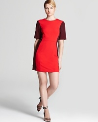 Tibi masters color blocking with this short-sleeved shift dress fashioned in easy ponte go-to style. Tibi masters color blocking with this short-sleeved shift dress fashioned in easy ponte go-to style.
