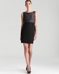 Floral lace pairs with a ponte knit skirt on this Trina Turk twofer dress. Floral lace pairs with a ponte knit skirt on this Trina Turk twofer dress.