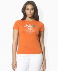 Drawing inspiration from warm-weather destinations, the short-sleeved plus size Lauren by Ralph Lauren tee in soft, lightweight cotton jersey is beautifully adorned with a printed nautical anchor graphic. Drawing inspiration from warm-weather destinations, the short-sleeved plus size Lauren by Ralph Lauren tee in soft, lightweight cotton jersey is beautifully adorned with a printed nautical anchor graphic.