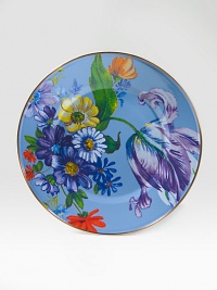 A vibrant bouquet of flowers blossoms on an enameled steel plate, hand decorated to create the ideal touch of color on a summertime table. From the Flower Market Collection Front and back design Bronzed stainless steel rim 10 diam. Dishwasher safe Imported A vibrant bouquet of flowers blossoms on an enameled steel plate, hand decorated to create the ideal touch of color on a summertime table. From the Flower Market Collection Front and back design Bronzed stainless steel rim 10 diam. Dishwasher safe Imported