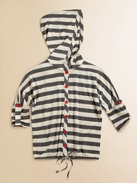 Lively stripes and contrasting buttons breath life into this ultra-cozy, ultra-cool knit hoodie.Attached hoodThree-quarter sleeves with roll-tab cuffsButton-frontGathered waistband with drawstringRayon/Polyester/Linen/SpandexDry cleanMade in the USA of imported fabric Please note: Number of buttons may vary depending on size ordered. Lively stripes and contrasting buttons breath life into this ultra-cozy, ultra-cool knit hoodie.Attached hoodThree-quarter sleeves with roll-tab cuffsButton-frontGathered waistband with drawstringRayon/Polyester/Linen/SpandexDry cleanMade in the USA of imported fabric Please note: Number of buttons may vary depending on size ordered.
