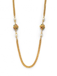 THE LOOKByzantine collectionBall detailsDouble chainColored glass stone and faux pearl accents24k electroplated gold settingLobster claspTHE MEASUREMENTLength, about 54ORIGINMade in USA THE LOOKByzantine collectionBall detailsDouble chainColored glass stone and faux pearl accents24k electroplated gold settingLobster claspTHE MEASUREMENTLength, about 54ORIGINMade in USA