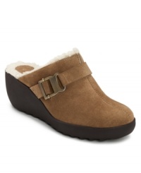 The open back design on Aerosoles' Riveted suede clogs makes them easy to slip on, while the round-toe design and faux shearling lining provide plenty of comfort and warmth. With a 2-1/4 wedge heel and buckle embellishment. The open back design on Aerosoles' Riveted suede clogs makes them easy to slip on, while the round-toe design and faux shearling lining provide plenty of comfort and warmth. With a 2-1/4 wedge heel and buckle embellishment.