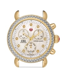Gorgeously appointed and unabashedly luxe, this watch head from Michele gilds your look with classic elegance. Diamond markers bedazzle a mother-of-pearl dial, and sapphire crystals finish the polish. Gorgeously appointed and unabashedly luxe, this watch head from Michele gilds your look with classic elegance. Diamond markers bedazzle a mother-of-pearl dial, and sapphire crystals finish the polish.