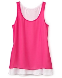 Fluorescent hues are on-trend this season. With a neon-pink chiffon overlay tank, this Aqua top gets it just right. Fluorescent hues are on-trend this season. With a neon-pink chiffon overlay tank, this Aqua top gets it just right.