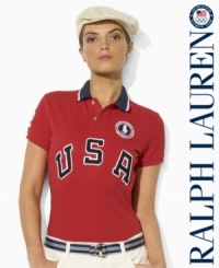 An essential short-sleeved polo shirt from Ralph Lauren is crafted in breathable cotton mesh with bold country embroidery, celebrating Team USA's participation in the 2012 Olympic Games. An essential short-sleeved polo shirt from Ralph Lauren is crafted in breathable cotton mesh with bold country embroidery, celebrating Team USA's participation in the 2012 Olympic Games.