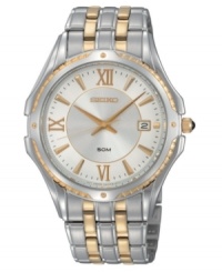 Seiko's Le Grand Sport watch collection brings you dependable quality and top-notch style. Two tone stainless steel bracelet and round case. Silvertone dial features goldtone stick markers and hands, Roman numerals at twelve, three, six and nine o'clock and date window. Analog quartz movement. Water resistant to 50 meters. Two-year limited warranty. Seiko's Le Grand Sport watch collection brings you dependable quality and top-notch style. Two tone stainless steel bracelet and round case. Silvertone dial features goldtone stick markers and hands, Roman numerals at twelve, three, six and nine o'clock and date window. Analog quartz movement. Water resistant to 50 meters. Two-year limited warranty.