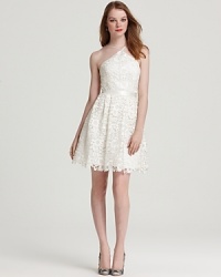 Dainty and demure, this Aidan Mattox dress of delicate lace exudes ladylike charm.