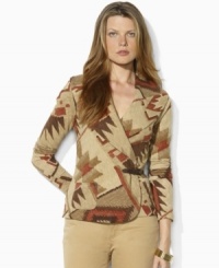A serape-inspired pattern adds heritage appeal to Lauren Jeans Co.'s soft shawl-collar cardigan, rendered in soft cotton with a faux-leather buckle at the side. A serape-inspired pattern adds heritage appeal to Lauren Jeans Co.'s soft shawl-collar cardigan, rendered in soft cotton with a faux-leather buckle at the side.