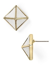 Opt for an edgier take on accessorizing with this pair of pyramid stud earrings from Belle Noel, crafted of 14-karat gold with white leather inlays. Opt for an edgier take on accessorizing with this pair of pyramid stud earrings from Belle Noel, crafted of 14-karat gold with white leather inlays.