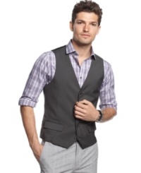 Button up your sleek style! Add this Alfani vest to any outfit for a slim, sophisticated silhouette. Button up your sleek style! Add this Alfani vest to any outfit for a slim, sophisticated silhouette.