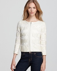 Perforated leather is perfectly paired with ladylike lace on this cropped ERIN Erin Fetherston jacket, exuding girlish edge. Perforated leather is perfectly paired with ladylike lace on this cropped ERIN Erin Fetherston jacket, exuding girlish edge.