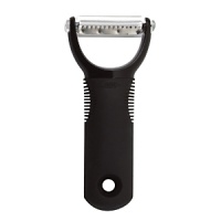OXO International's Julienne Peeler can quickly and safely make garnishes, salad toppings, Asian dishes, citrus zest and more. Apply the sharp, stainless steel blade to firm fruits and vegetables such as zucchini, carrots, potatoes, apples or citrus fruit. When you begin to peel the fruit or vegetable, perfect julienne strips are cut. The soft, non-slip handle is contoured to accommodate both a regular and a choked-up grip for more control. The clear safety cover flips out of the way while you peel, but locks back into place as a protective cover during storage. OXO International's Julienne Peeler can quickly and safely make garnishes, salad toppings, Asian dishes, citrus zest and more. Apply the sharp, stainless steel blade to firm fruits and vegetables such as zucchini, carrots, potatoes, apples or citrus fruit. When you begin to peel the fruit or vegetable, perfect julienne strips are cut. The soft, non-slip handle is contoured to accommodate both a regular and a choked-up grip for more control. The clear safety cover flips out of the way while you peel, but locks back into place as a protective cover during storage.