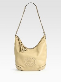 Blending the line between fashionable and practical this spacious bag can be worn on one shoulder or across the body. LeatherLight gold hardwareSingle shoulder chain straps with leather shoulder pad, 20 dropOption to be worn on one shoulder or across the bodyTop zip closureEmbossed interlocking GDetachable leather tasselNatural cotton linen liningMedium size: 13.4W x 11H x 3DMade in Italy Blending the line between fashionable and practical this spacious bag can be worn on one shoulder or across the body. LeatherLight gold hardwareSingle shoulder chain straps with leather shoulder pad, 20 dropOption to be worn on one shoulder or across the bodyTop zip closureEmbossed interlocking GDetachable leather tasselNatural cotton linen liningMedium size: 13.4W x 11H x 3DMade in Italy