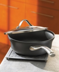 Keep it simple with versatile equipment. This 2.5-quart nonstick shallow saucepan has a capacity indicator line on the rim, making it easy to bring straight from the kitchen to the table. You'll use this handy saucepan regularly. Made of heavy-gauge aluminum, it has an anodized exterior, durable nonstick interior for healthy, low-fat cooking. The ergonomic handle that stays cool during stovetop cooking. The stainless steel band adds style and functionality - there are less crevasses for food to get stuck in. Branded with Calphalon® logo. Lifetime warranty. Keep it simple with versatile equipment. This 2.5-quart nonstick shallow saucepan has a capacity indicator line on the rim, making it easy to bring straight from the kitchen to the table. You'll use this handy saucepan regularly. Made of heavy-gauge aluminum, it has an anodized exterior, durable nonstick interior for healthy, low-fat cooking. The ergonomic handle that stays cool during stovetop cooking. The stainless steel band adds style and functionality - there are less crevasses for food to get stuck in. Branded with Calphalon® logo. Lifetime warranty.