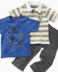A little mischief can go a long way. This three-piece outfit from Nannette can too! This mix-and-match tee shirt, polo shirt and pants can go from casual to prep without missing a step. A little mischief can go a long way. This three-piece outfit from Nannette can too! This mix-and-match tee shirt, polo shirt and pants can go from casual to prep without missing a step.