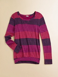 Glittery sparkles top this long-sleeve design with wide horizontal stripes in rich berry hues. ScoopneckLong sleevesBanded hemPullover styleBody: rayon/lurexTrim: modal/cottonMachine washImported Glittery sparkles top this long-sleeve design with wide horizontal stripes in rich berry hues. ScoopneckLong sleevesBanded hemPullover styleBody: rayon/lurexTrim: modal/cottonMachine washImported