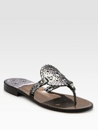 Essential thong with a metallic, snake-print leather upper and decorative stitching. Snake-print metallic leather upperLeather lining and soleImportedOUR FIT MODEL RECOMMENDS ordering true size. Essential thong with a metallic, snake-print leather upper and decorative stitching. Snake-print metallic leather upperLeather lining and soleImportedOUR FIT MODEL RECOMMENDS ordering true size.