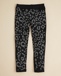 Introduce her to a wilder style with a rockin' legging from Sofi boasting leopard-shape rhinestones on the front and a strictly solid back panel. Introduce her to a wilder style with a rockin' legging from Sofi boasting leopard-shape rhinestones on the front and a strictly solid back panel.