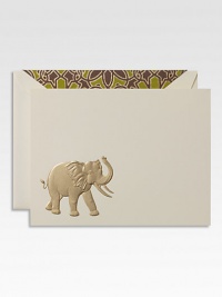 This symbol of wisdom and strength is the perfect accent for this set of flat cards. Described by Aristotle as the beast which passeth all others in wit and mind. Should you encounter one with her trunk toward the sky, tradition suggests you should relish in the notion that good luck will follow. Set of 8 cards and envelopesApprox. 4½ X 6 Made in USA This symbol of wisdom and strength is the perfect accent for this set of flat cards. Described by Aristotle as the beast which passeth all others in wit and mind. Should you encounter one with her trunk toward the sky, tradition suggests you should relish in the notion that good luck will follow. Set of 8 cards and envelopesApprox. 4½ X 6 Made in USA