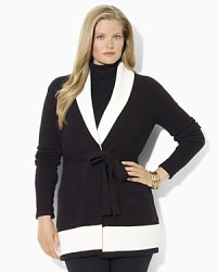 A must-have cardigan is rendered in a cozy cotton blend with bold color-blocked details and an elegant self-tie waist for an extra-feminine finish. A must-have cardigan is rendered in a cozy cotton blend with bold color-blocked details and an elegant self-tie waist for an extra-feminine finish.