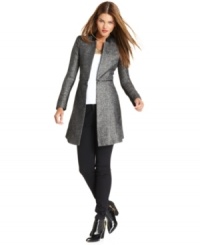 With a metallic tweed and modern styling, this BCBGMAXAZRIA coat ups the edge on cold-weather wardrobes -- a chic fall cover up! With a metallic tweed and modern styling, this BCBGMAXAZRIA coat ups the edge on cold-weather wardrobes -- a chic fall cover up!