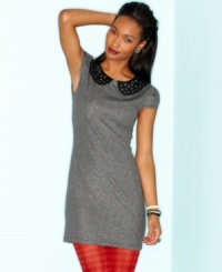 A perforated peter-pan collar brings school-marm charm to BeBop's metallic sheath dress. Style the pretty frock with glittery accessories for a look that lights up the night. A perforated peter-pan collar brings school-marm charm to BeBop's metallic sheath dress. Style the pretty frock with glittery accessories for a look that lights up the night.
